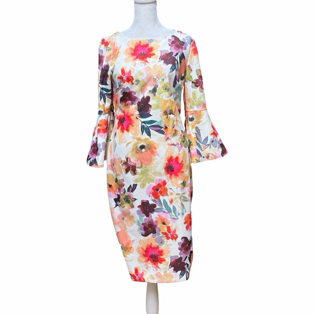 Calvin Klein Floral Sheath Dress Flared 3/4 Sleeve Boat Neck Knee 6